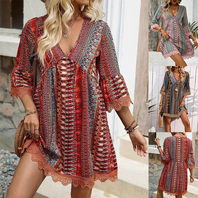 Vestido Boho Feminino com Decote em V - Estampa Étnica e Modelagem Fluida para Praia
