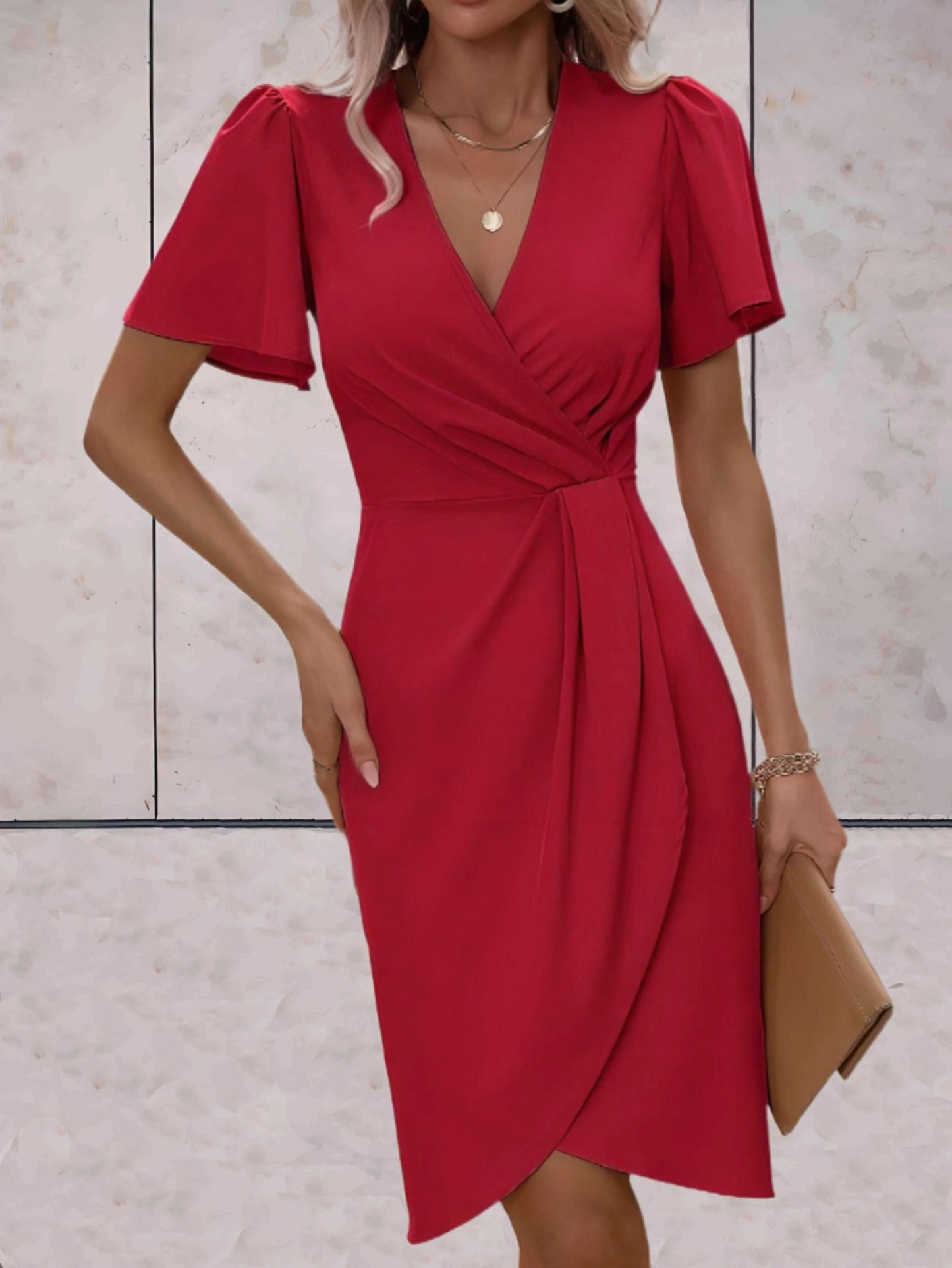 Vestido Verão Decote em V Manga Curta na Moda Vestidos Praia Cintura Ajustada Roupas Femininas