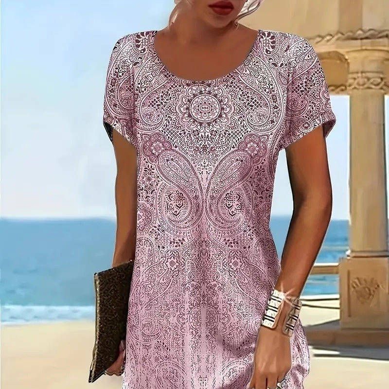Vestido Fashion com Gola Redonda e Estampa Vibrante - Tendência
